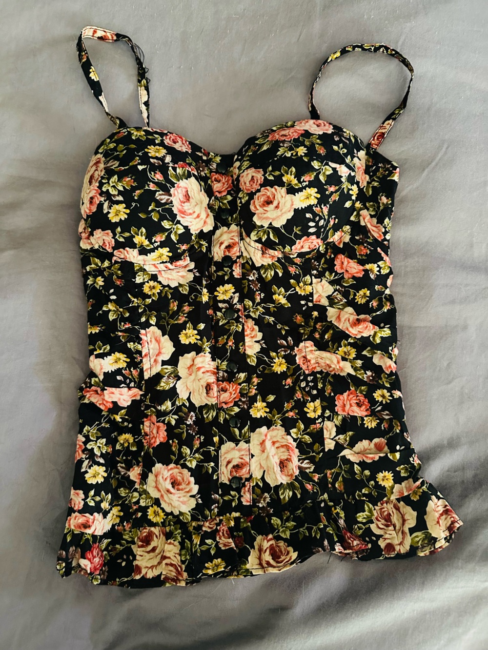 Floral Sweetheart bustier - Black with Pink Roses
